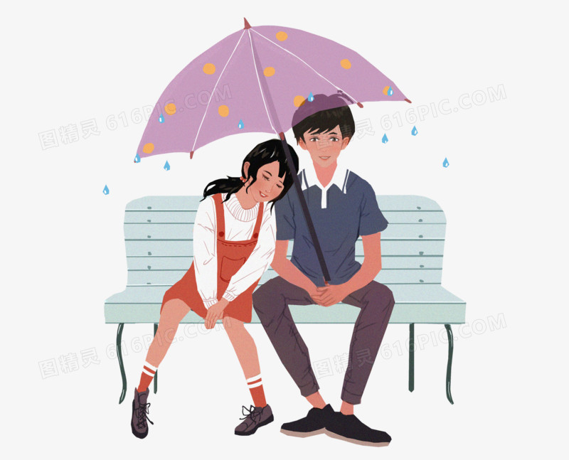 手绘卡通情侣下雨天撑伞约会场景元素