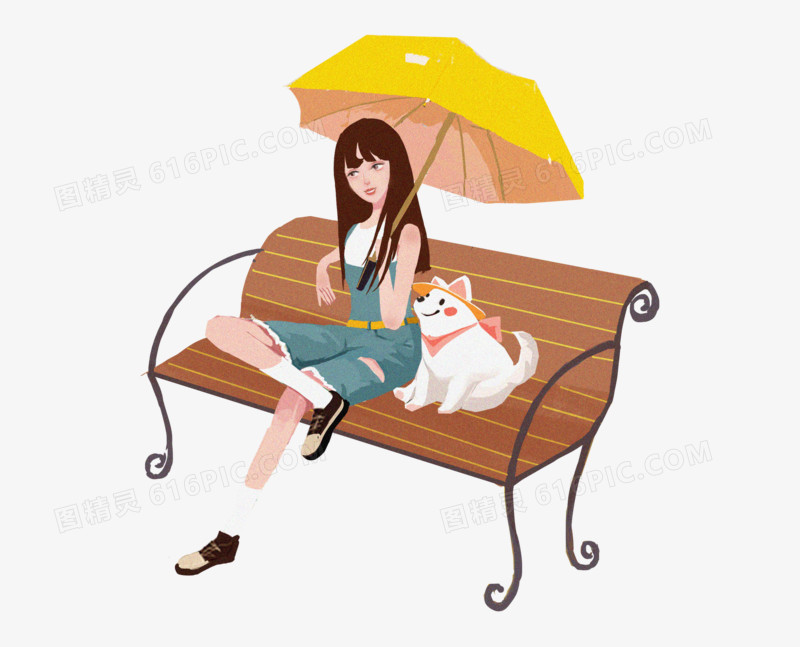 手绘卡通雨天女孩给狗狗撑伞免抠元素