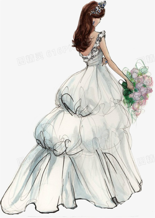 小清新 唯美 手绘 凳子 女孩 结婚 礼服