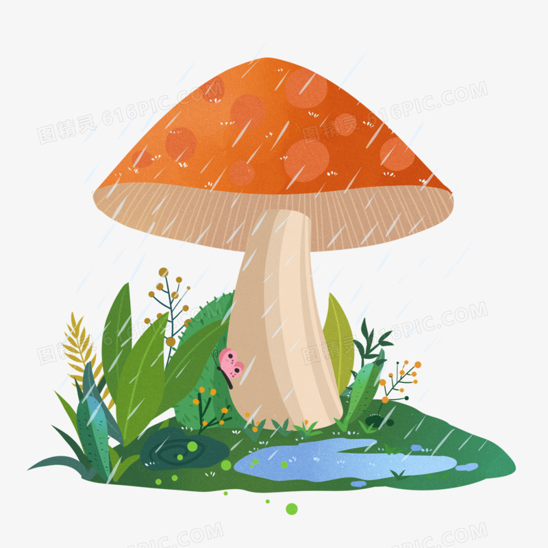 手绘插画风雨天蘑菇花草植物装饰元素