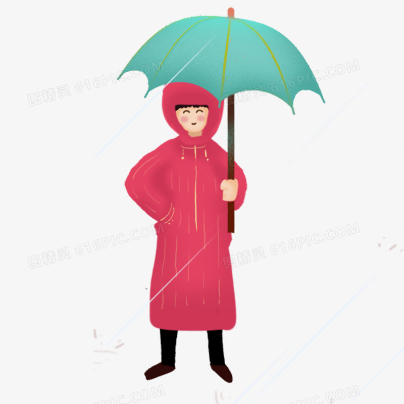 手绘卡通雨中打伞的少年免抠元素