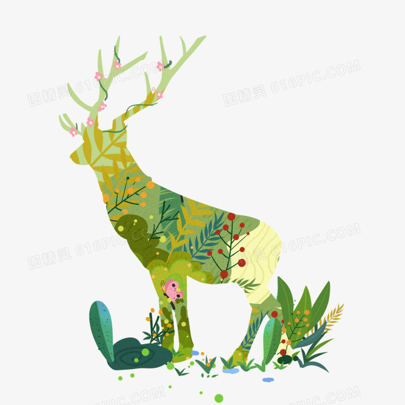 手绘创意麋鹿植物花草剪影装饰免抠元素