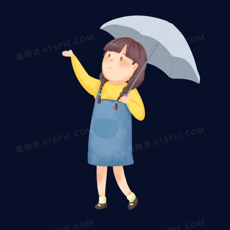 卡通手绘下雨天小女孩打伞免抠元素