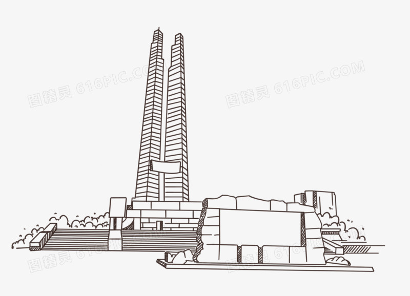 手绘线稿唐山抗震纪念碑免抠装饰元素