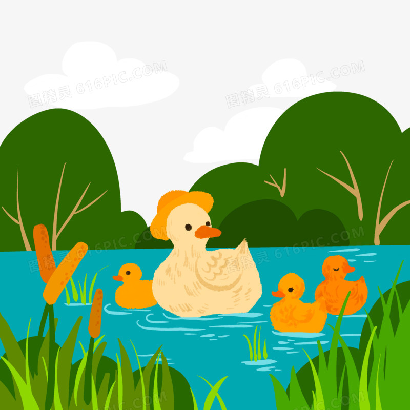 手绘卡通鸭子在池塘游泳元素