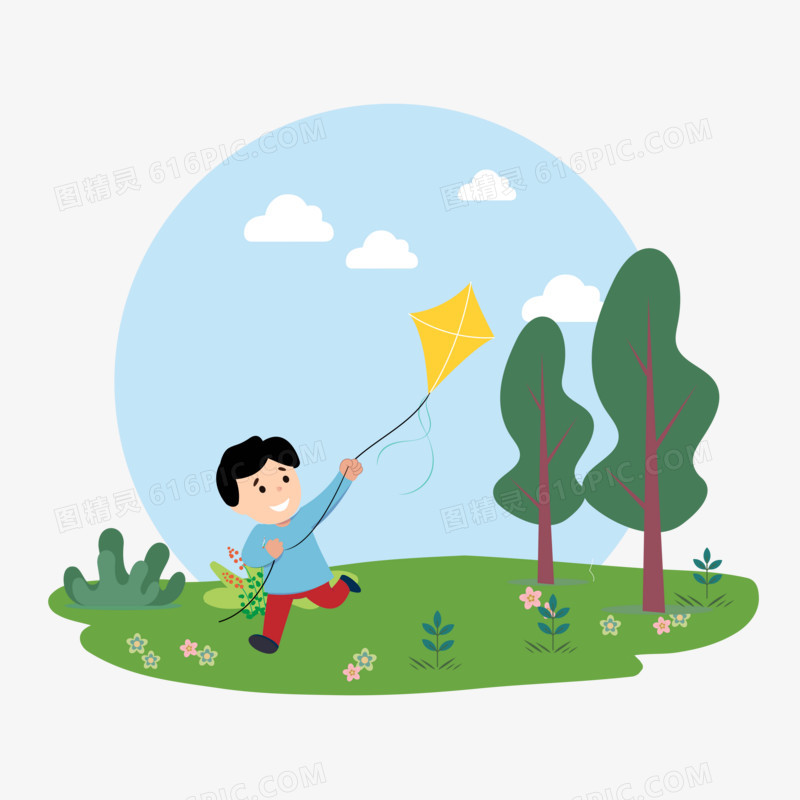 卡通手绘野外放风筝的小男孩免抠元素