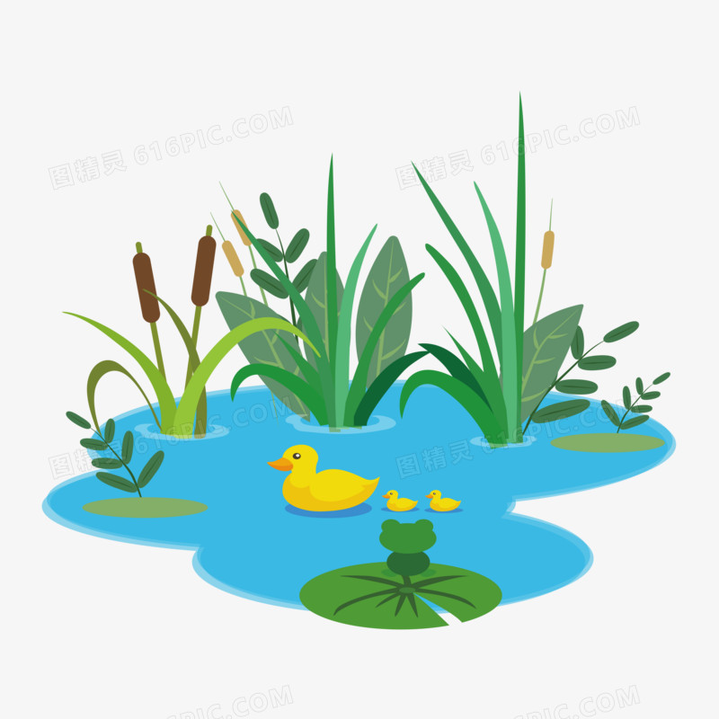 手绘卡通池塘里的一群小鸭免抠元素