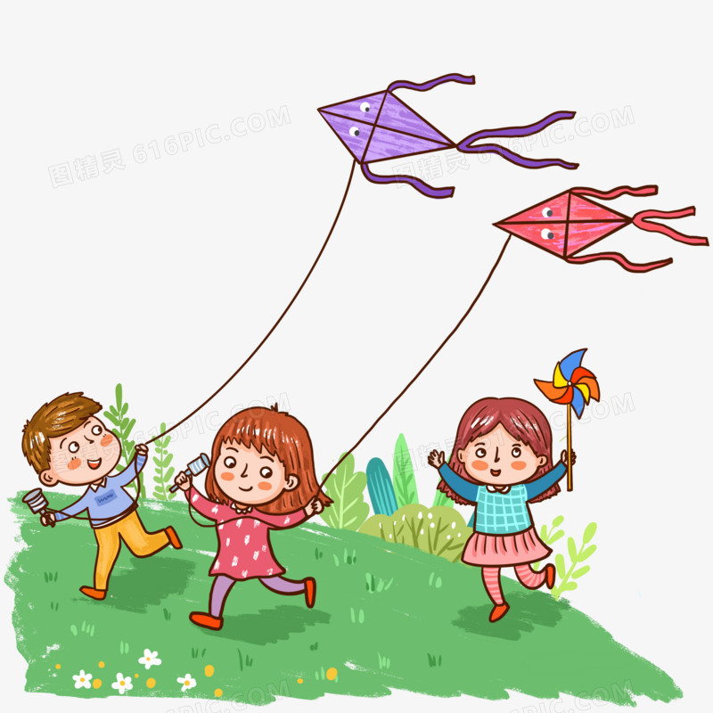 手绘小孩春天放风筝插画元素