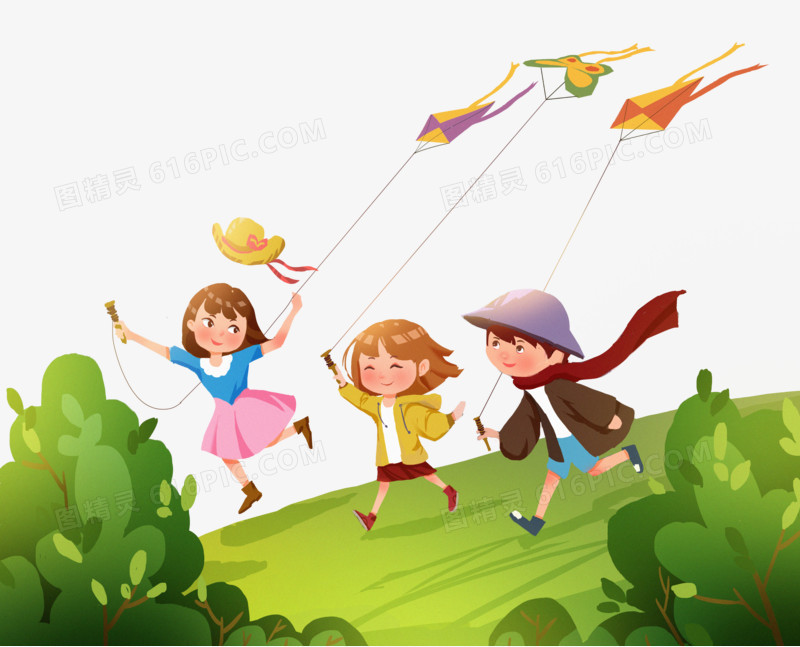手绘卡通小朋友在草地上放风筝免抠元素