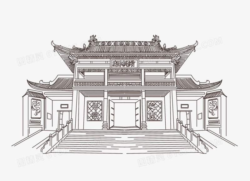 白描禹帝陵线稿装饰门牌旅游景点建筑物山西省古代图精灵为您提供手绘