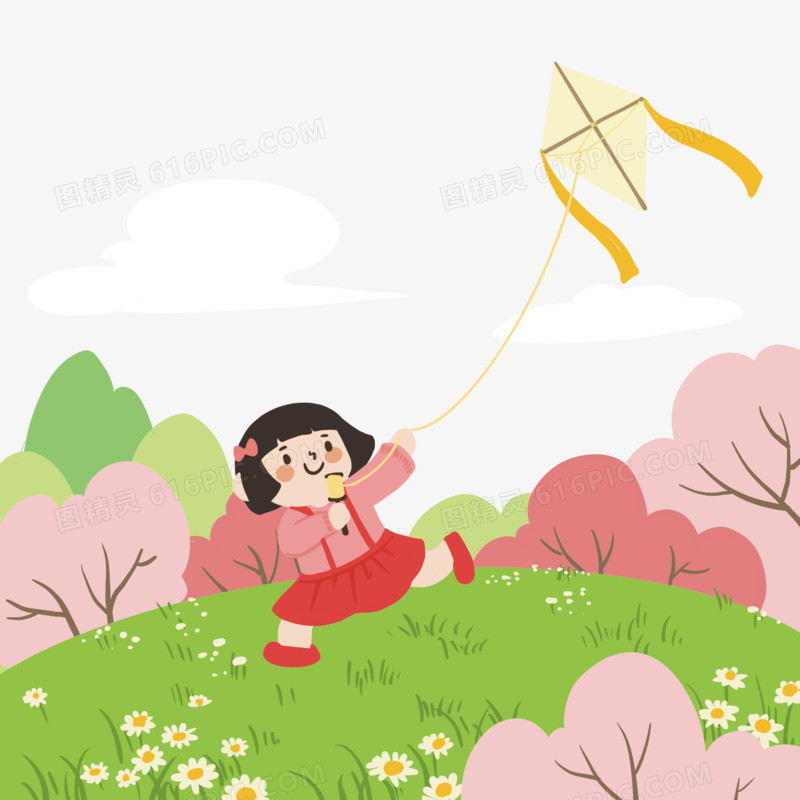卡通手绘可爱女孩放风筝元素