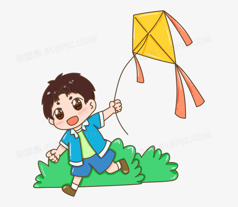 小孩儿放风筝风筝草坪图精灵为您提供卡通手绘春分男孩放风筝创意免抠