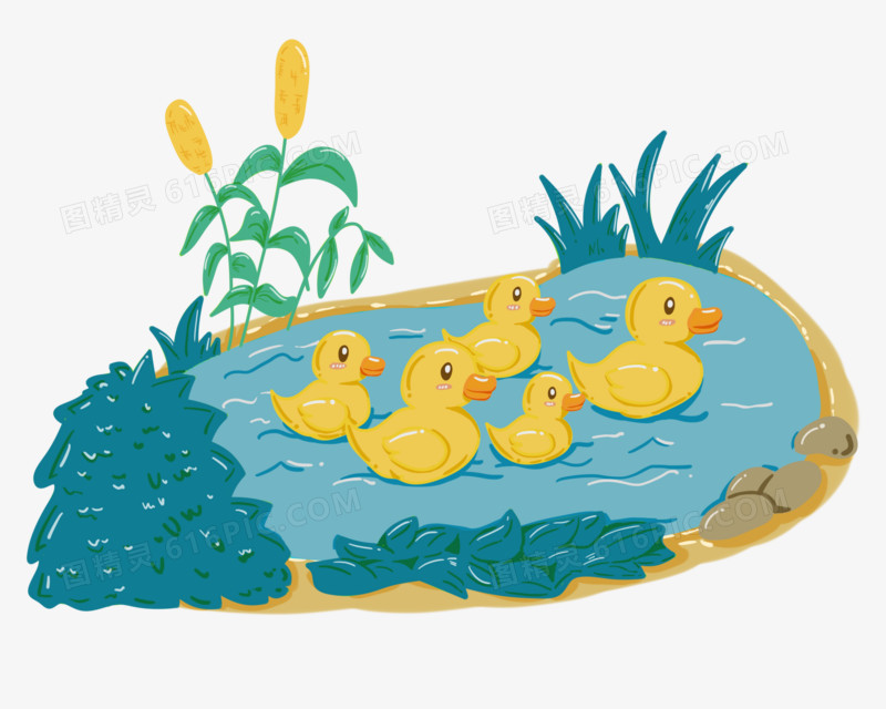 卡通手绘春分池塘鸭子群免抠元素