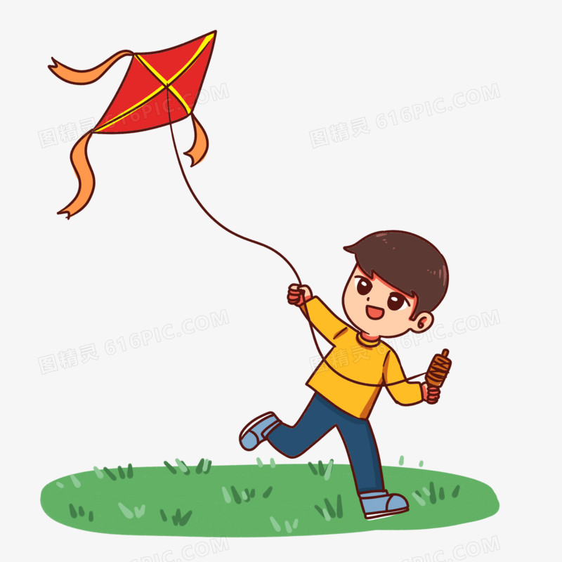 手绘儿童春季玩耍放风筝场景素材