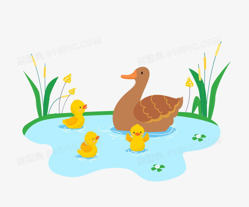 手绘卡通植物丛生的池塘和鸭子群免抠元素