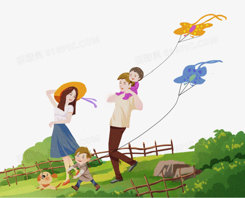 卡通手绘一家人郊游放风筝免抠元素