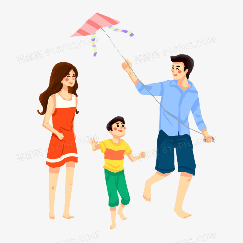 卡通手绘一家人放风筝免抠元素