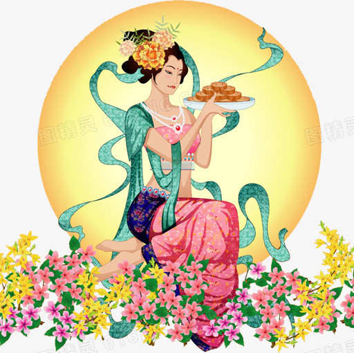 中秋节中秋节月亮上的鲜花美女