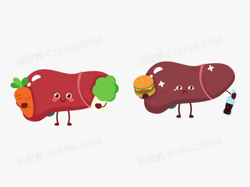手绘卡通健康和不健康的小肝脏免抠元素