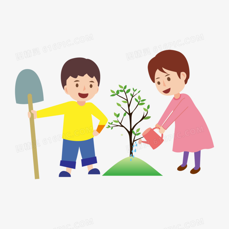 手绘卡通男孩女孩给树浇水素材
