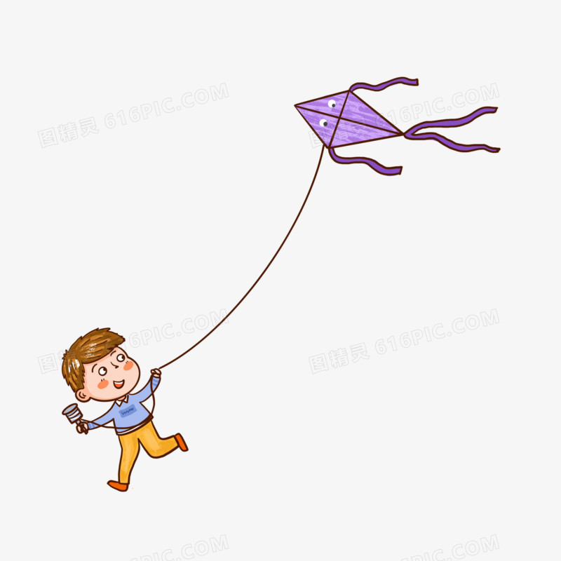 卡通手绘小男孩放风筝素材