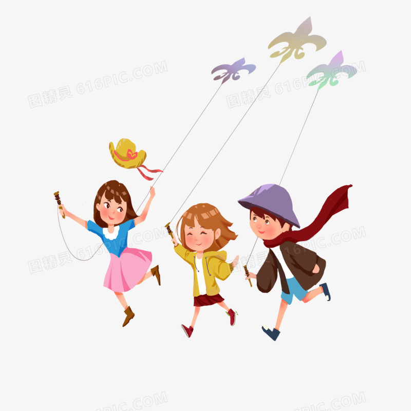 卡通手绘放风筝的小朋友们免抠元素