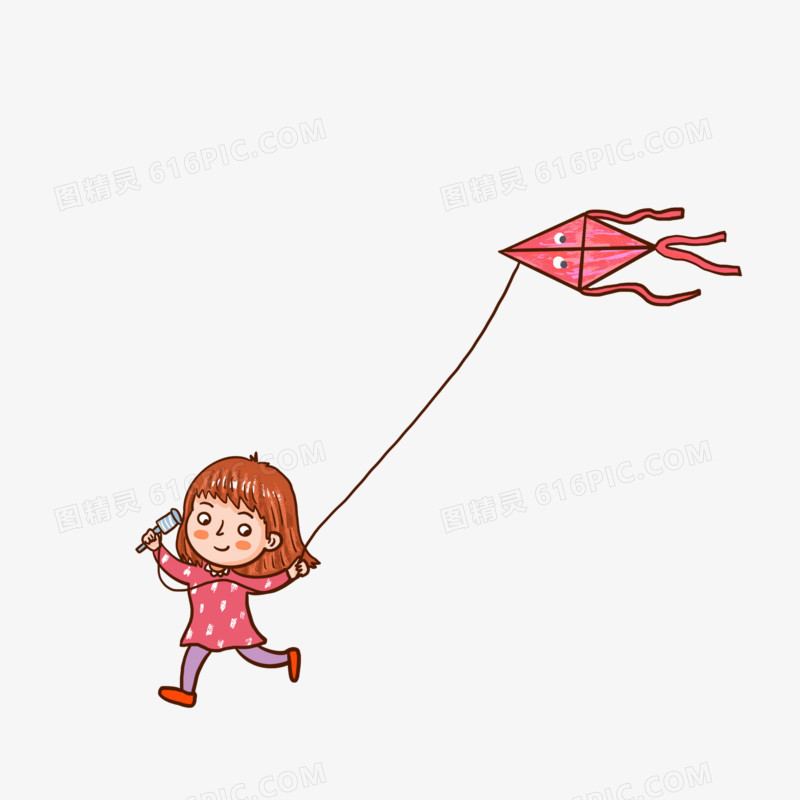 卡通手绘女孩放风筝素材