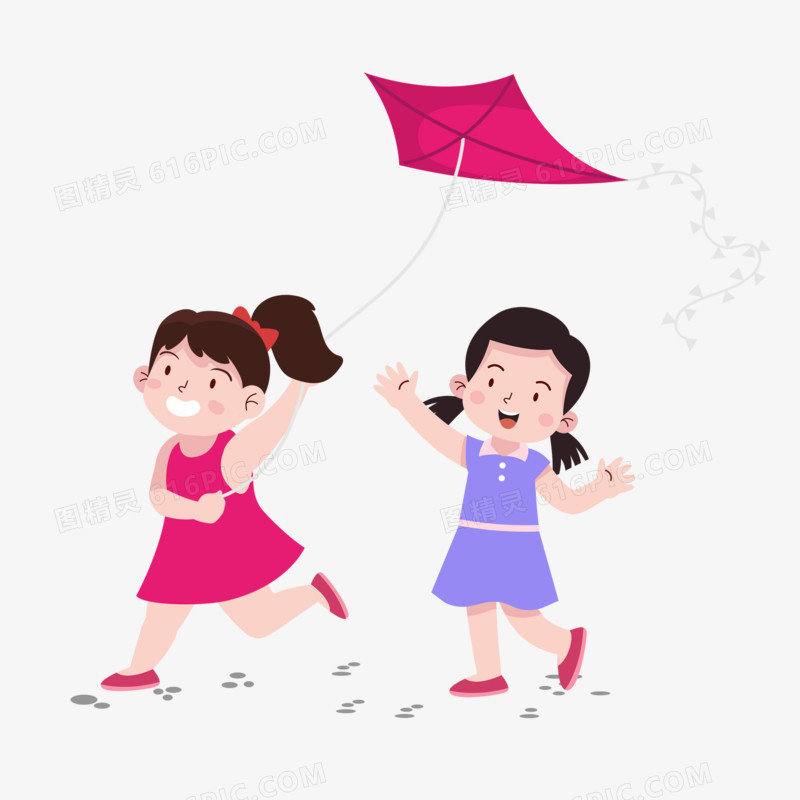 卡通手绘两个小女孩一起放风筝素材