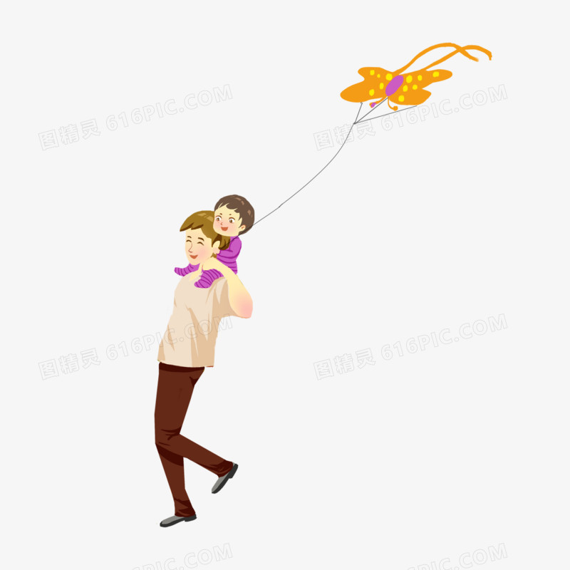 卡通手绘爸爸抱着小男孩放风筝素材