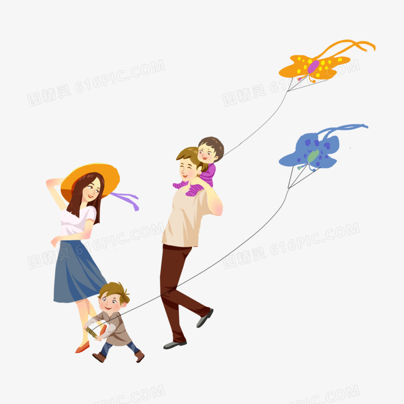 卡通手绘一家人放风筝免抠元素