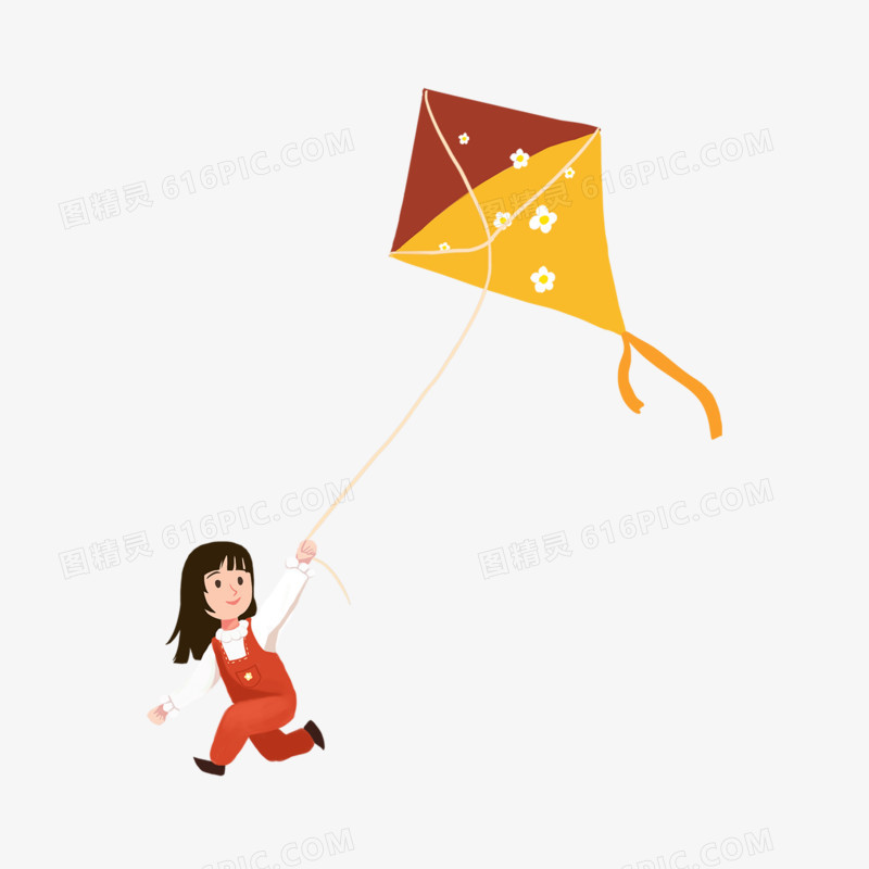 卡通手绘放风筝的小女孩素材