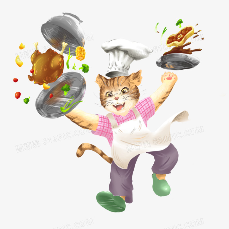 卡通手绘拟人化厨师猫咪上菜元素