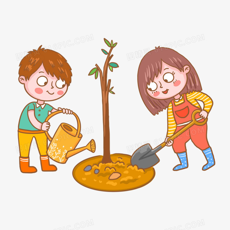 卡通手绘种树的小朋友元素