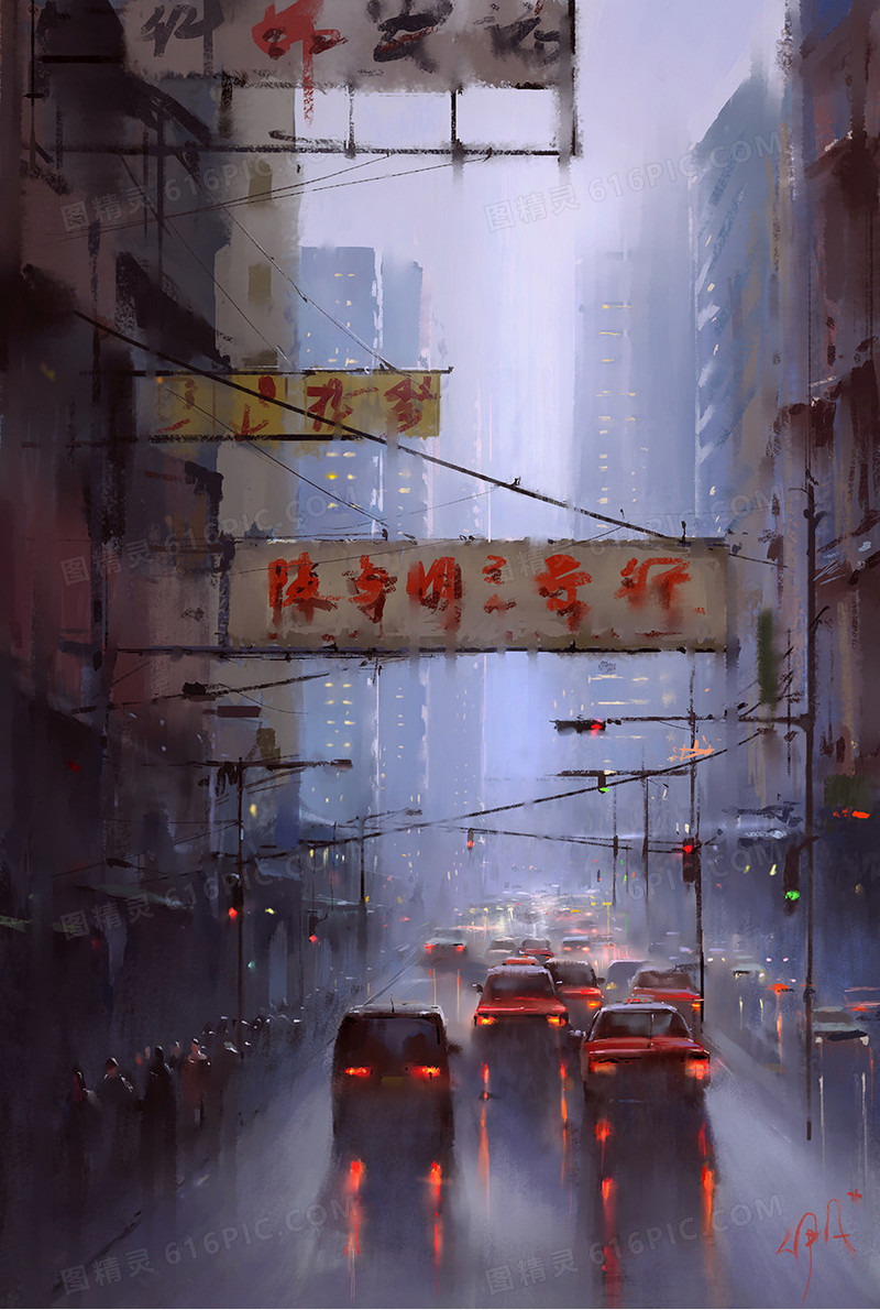 手绘香港街道插画