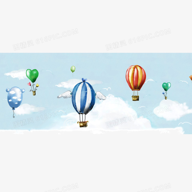热气球 蓝色天空 白色云朵 卡通 天使翅膀 背景装饰