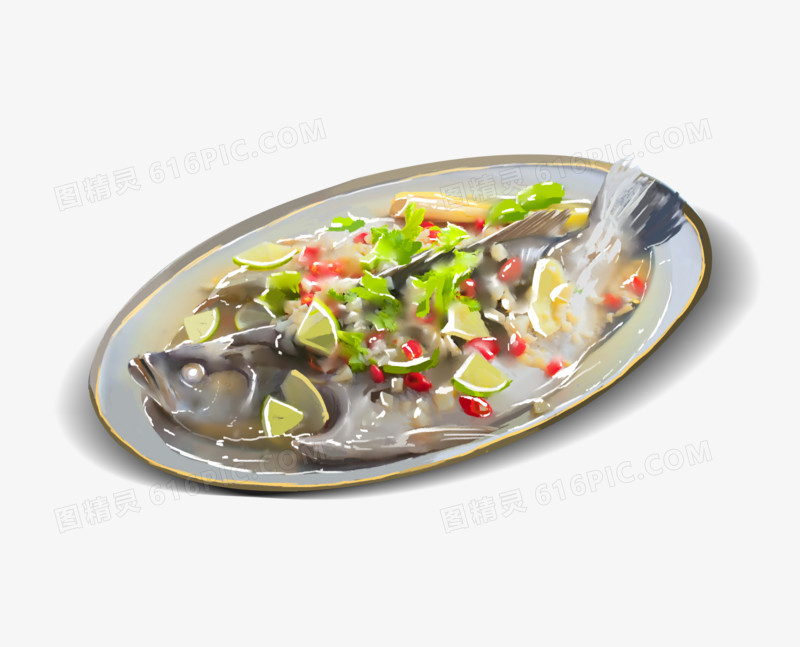 年夜饭手绘卡通美食食物中国菜菜菜肴菜品免抠元素清蒸鱼