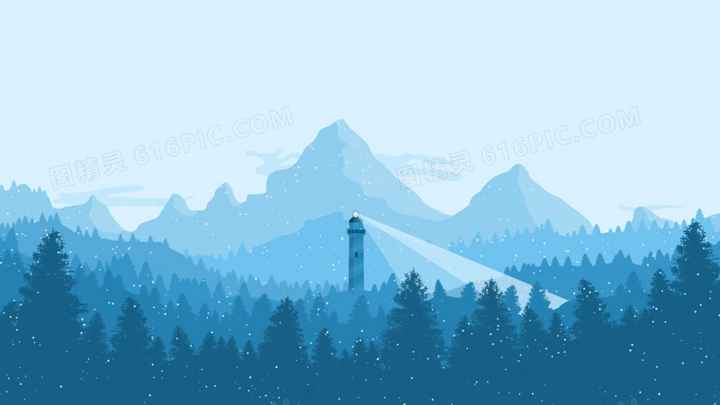 蓝色冬季松树林灯塔海报背景