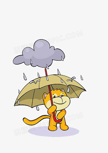 卡通雨天打伞的猫
