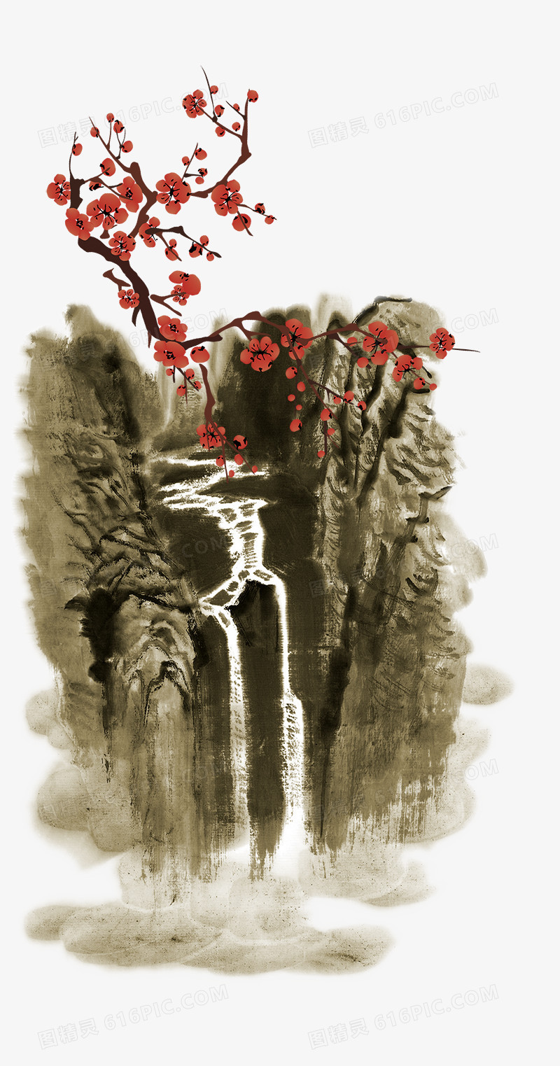 中国风水墨大山瀑布