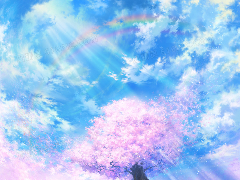 蓝天樱花树日本动漫场景太阳光光效