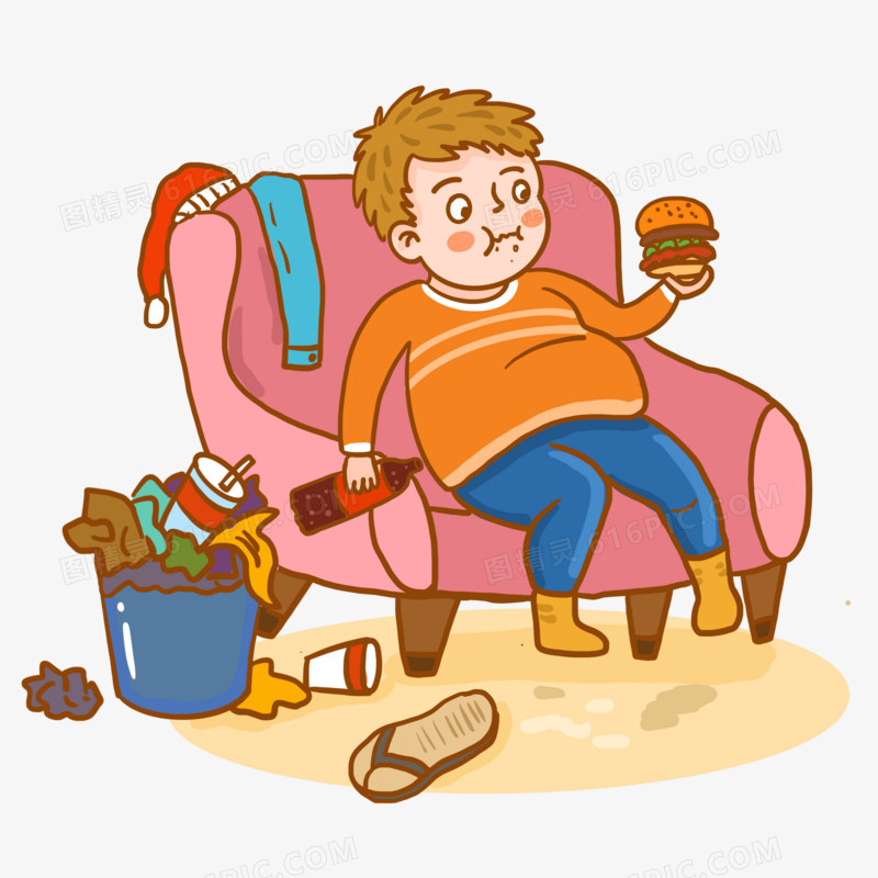 手绘卡通男孩坐在沙发上吃零食插画元素