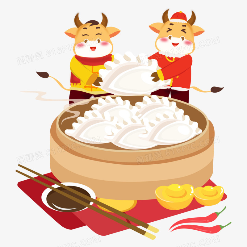 卡通牛新年吃饺子蒸笼矢量元素