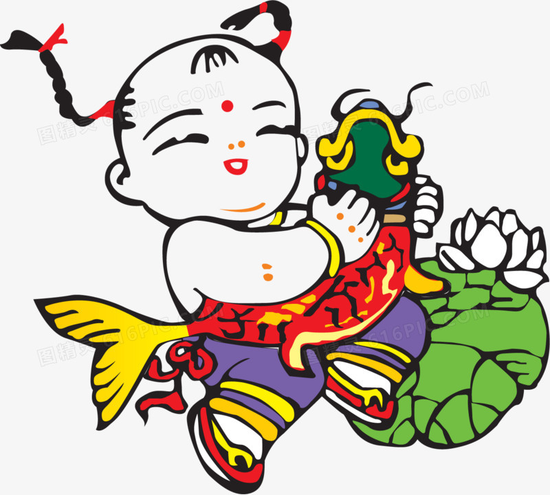 矢量手绘福娃抱鱼