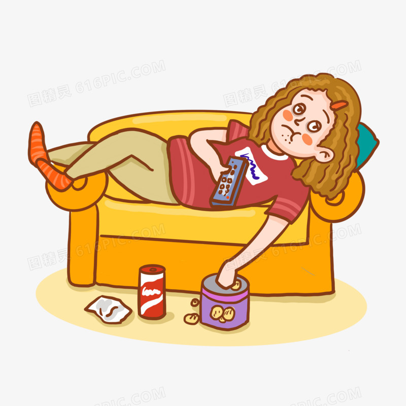 手绘卡通女孩躺沙发上吃零食插画元素