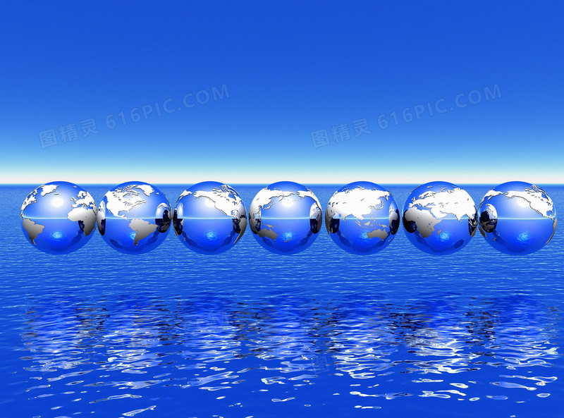 海洋上一排整齐的蓝色地球高清