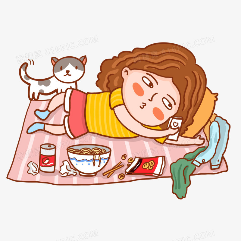 手绘卡通女孩躺在床上吃零食插画元素