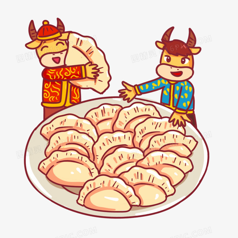 卡通手绘小牛吃饺子场景素材