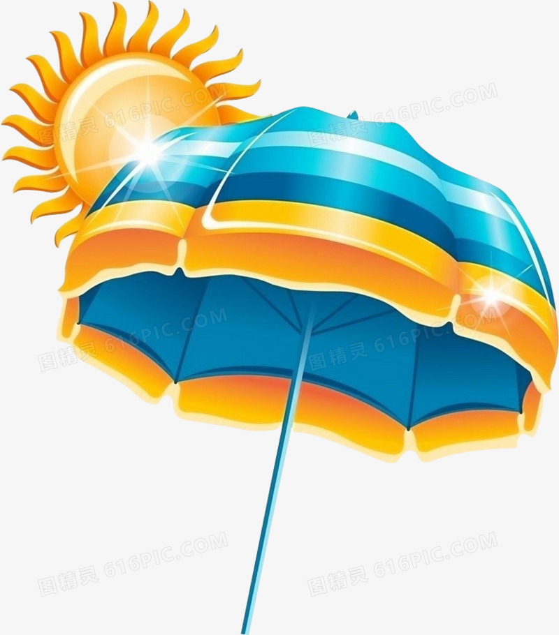 蓝色条纹遮阳伞和太阳