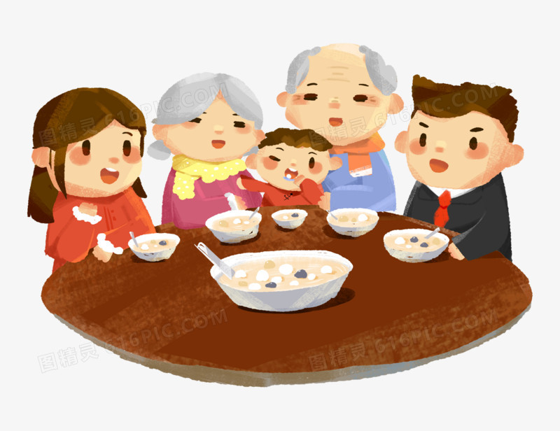 手绘卡通一家人吃汤圆免抠元素