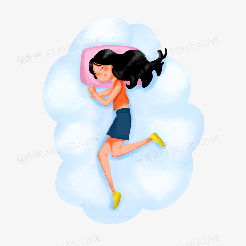 卡通手绘女孩在云朵上睡着免抠元素
